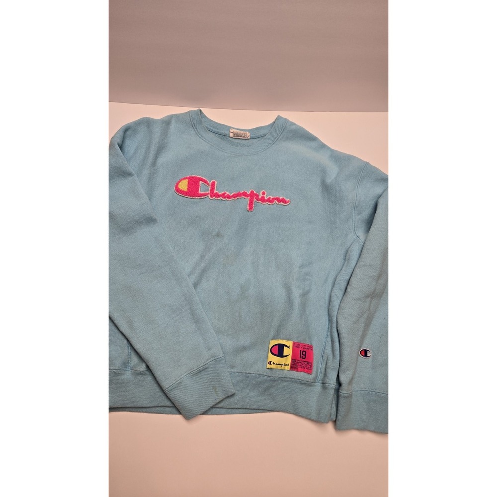 Champion Reverse Weave Sweatshirt Womens Large Blue Pink Chenille Logo Cropped